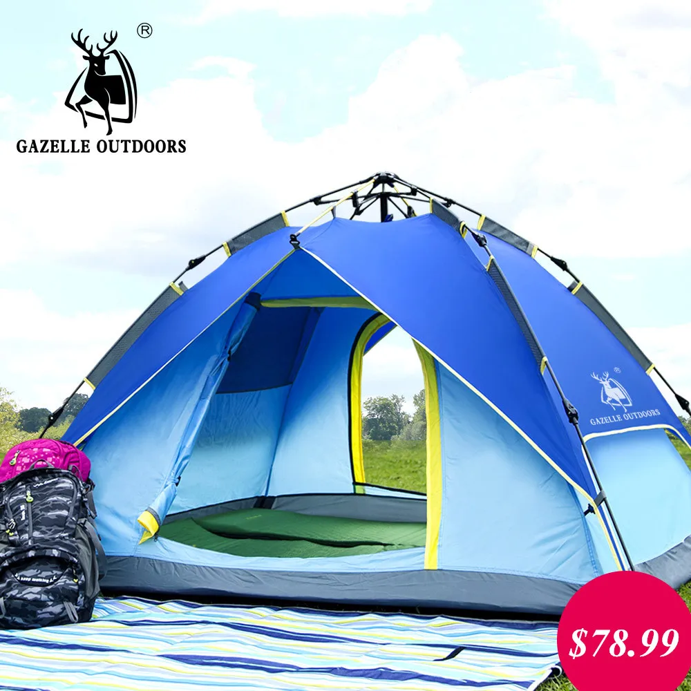 Gazelle Outdoor Camping Tent 3-4 Person Hydraulic Quick Opening Hiking Tourism Waterproof Multi-purpose Awning | Спорт и развлечения