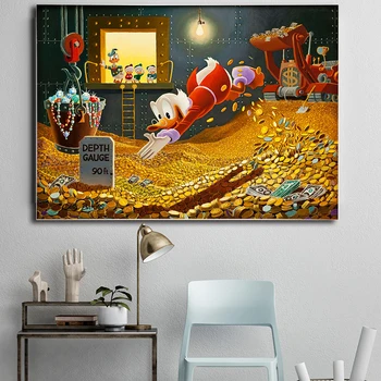 

Gold Coin Quackmores Duck Poster Scrooges McDuckes Comics Painting on Canvas Modern Art Decorative Wall Pictures Home Decoration