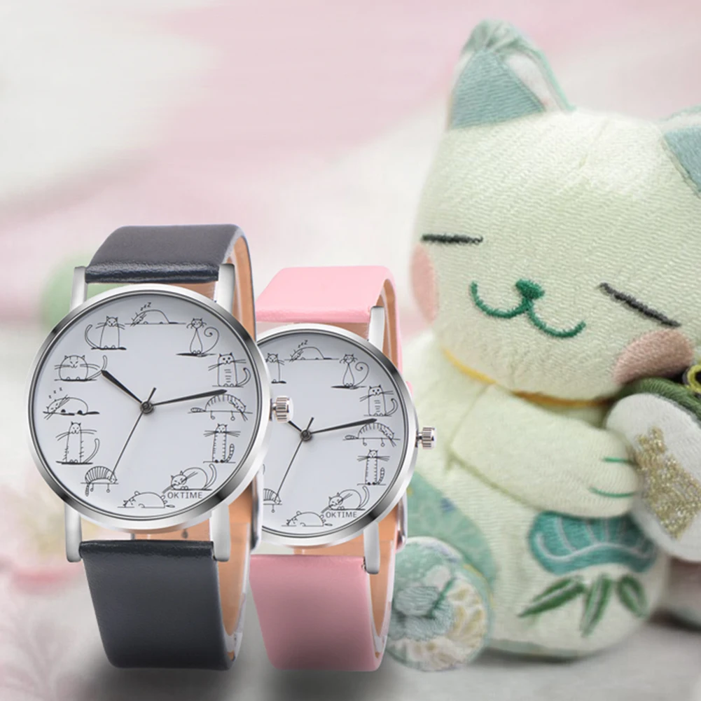 

Girl Retro Design Lovely Kitty Cartoon Cat Faux Leather Band Alloy Children Wristwatch