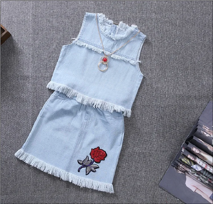 2017 Summer New Sweet Baby Girls Korean Style Dresses Sleeveless Vest+Floral Skirt Set Fashion Denim Kids Clothing Free Shipping