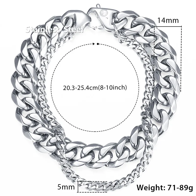 Trendsmax, полированный мужской браслет, Двойная Цепочка, пшеница, Снаряженная, кубинское звено, браслет из нержавеющей стали, серебряный, золотой цвет, 20 см, KDBM01 - Окраска металла: 14mm Silver DB04