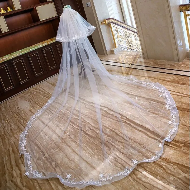 New Long Bridal Veil Women 3 M Cathedral Length Wedding Veil Delicate Tulle Appliqued Bride Veil Bride Accessories