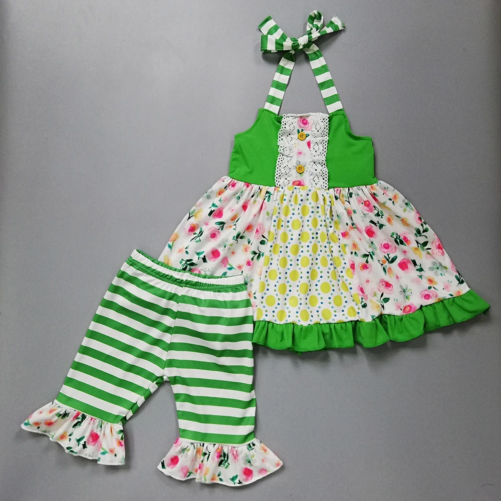 

2019 New Summer Baby Girl Boutique Outfit Village style Light greenFlowers pl Pattern Baby Girl Clothes CONICE NINI