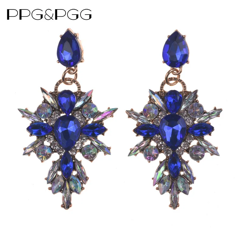 

PPG&PGG 2018 New Blue Flower Brand Charm Big Earring Luxury Starburst Pendant Crystal Gem Statement Earrings For Women Wholesale