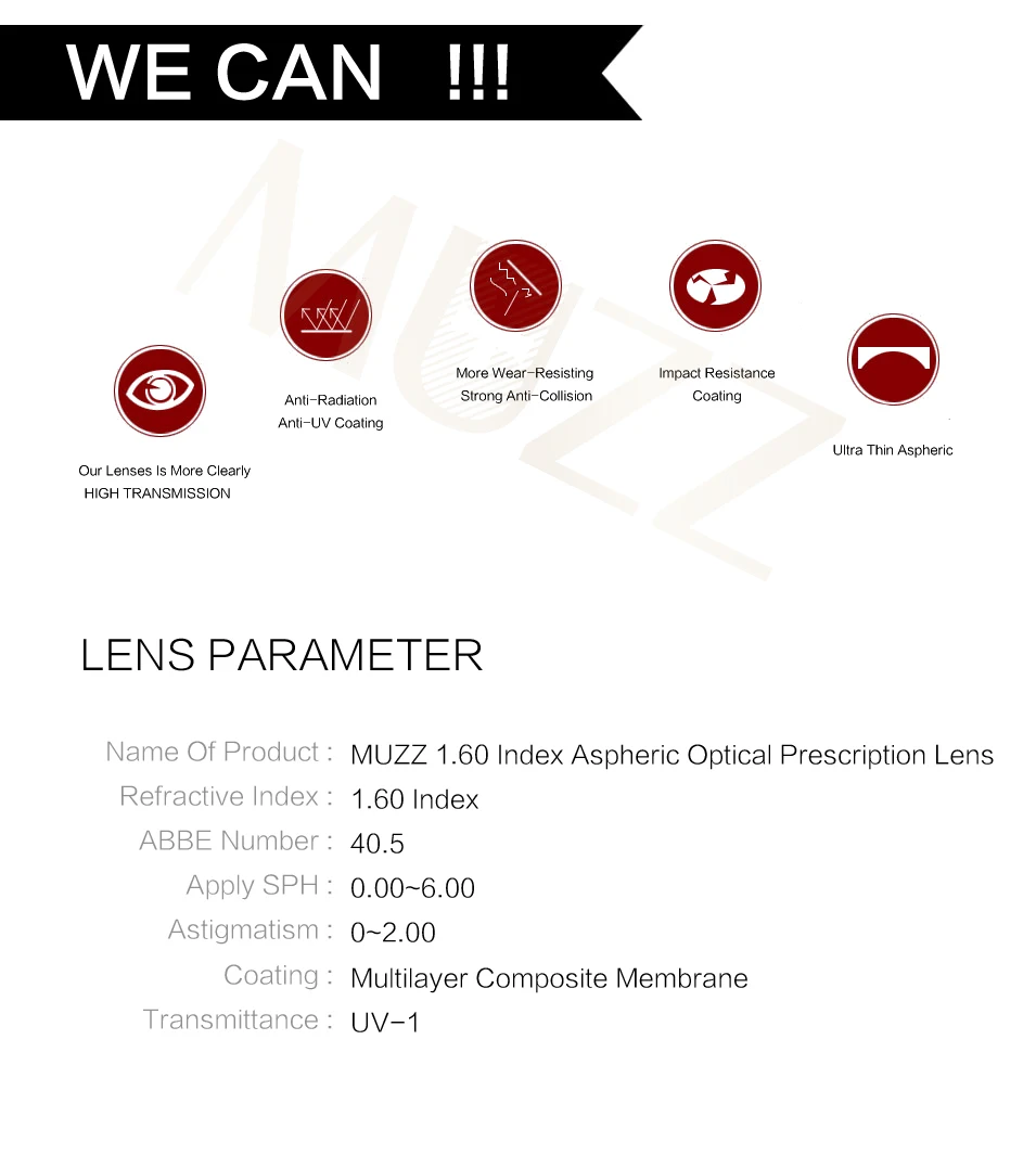 MUZZ очки линза 1,60 индекс тоньше, легче высокого качества близорукость Супер Жесткий Смола Оптический Рецепт на очки для зрени