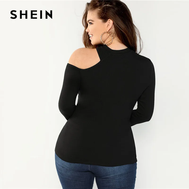 SHEIN черный сексуальный Асимметричный женский топ с вырезом горловины размера плюс, новинка, осенняя эластичная Однотонная футболка с длинным рукавом и воланом