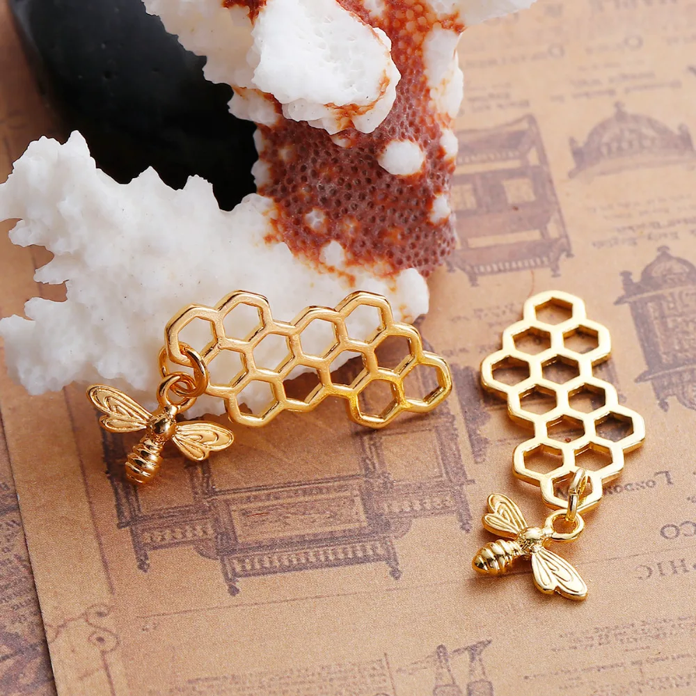 3D 벌집 모양 참 펜던트, 합금 골드 컬러 꿀벌 조각, 주얼리 제작, DIY 목걸이, 8 계절, 46x16mm, 10PCs
