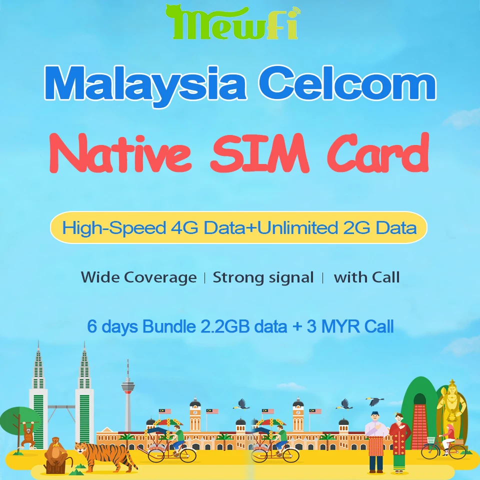 

Mewfi Celcom Malaysia Travel Sim Card 6Days 2.2GB 4G Data Unlimited Low-speed Data+3MYR Call Native Triple Mobile Phone Sim Card