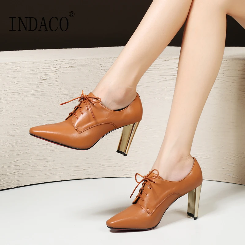 Autumn Black Leather Boots Lace Up Pointed Gold High Heel Ankle Boots Women Dress Shoes British 