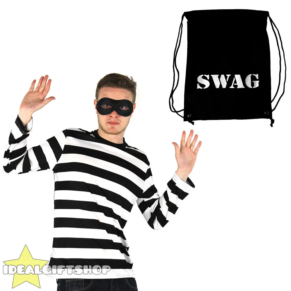 

ADULT FRENCH BURGLAR COSTUME ROBBER BLACK RED LONG SLEEVE T SHIRT STRIPED PIRATE TOP EYEMASK THIEF CONVIC FANCY DRESS COSPLAY