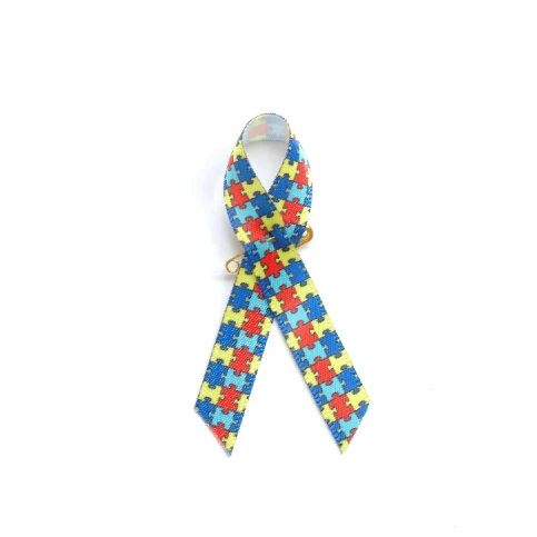 autism awareness ribbon bow with gold pin