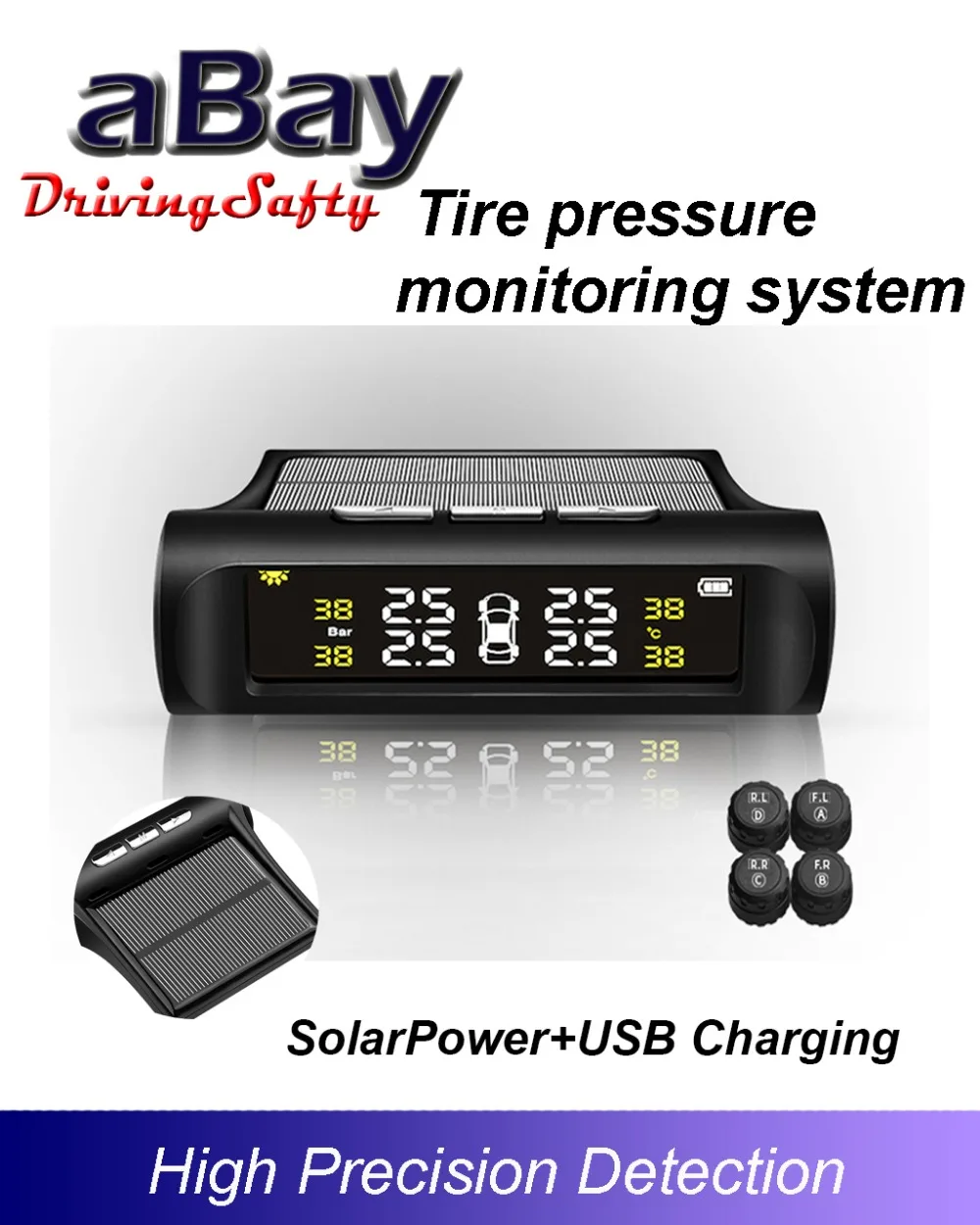 Solar Power USB TPMS Car Tire Pressure Monitoring System LCD Display 4 External Sensors for driving safe Temperature Warning |