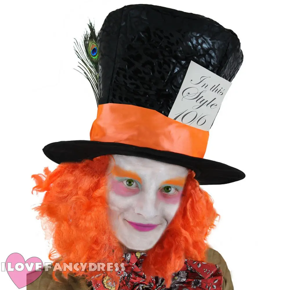 

MAD HATTER TOP HAT ALICE ADVENTURES WONDERLAND TEA PARTY ORANGE WIG HAIR FANCY DRESS COSTUME ACCESSORY SCHOOL BOOK WEEK Cosplay