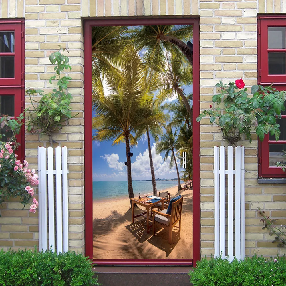 

2sheets/pc Landscape Sunny Seashore Tree Lifestyle Adhesive 3D Door Sticker Relaxing Art Paper Mural Poster Bedroom Decor NFD