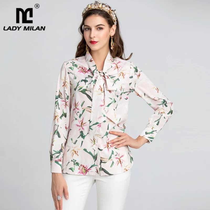 Lady Milan Women's Runway Designer Shirts Bow Collar Long Sleeves Floral Printed Fashion Casual | Женская одежда