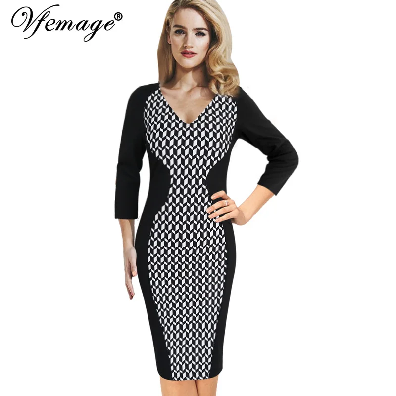 

Vfemage Womens Vintage Optical Illusion Patchwork Geometric Wear to Work Vestidos Bodycon Office Business Sheath Slim Dress 9045