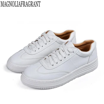 

new Women's autumn shoes Leather Women Sneakers Fashion Pink Shoes for Women Lace up White Shoes Creepers Platform Shoes c193