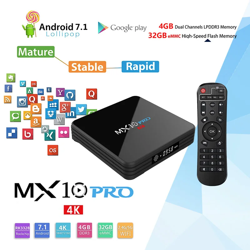 Goede MX10 Pro Smart Android 8.1 TV Box RK3328 4 k VP9 H.265 HDR10 4 gb 32 gb Miracast WIFI USB 3.0 Smart Set Top Box PK H96 Pro