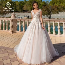 Swanskirt Vestido de Noiva свадебное платье из тюля с аппликацией, бальное платье с v-образным вырезом и цветами, платье для невесты, Vestido de Noiva F218