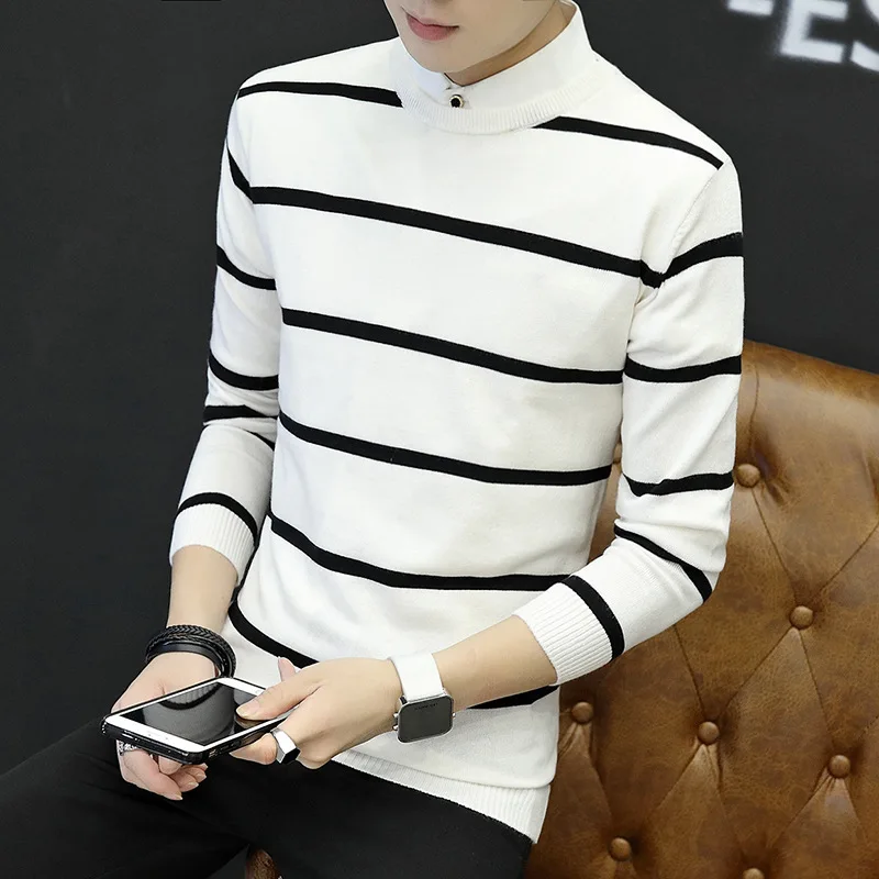 The new men's sweater collar Pullover Sweater slim stripe color male