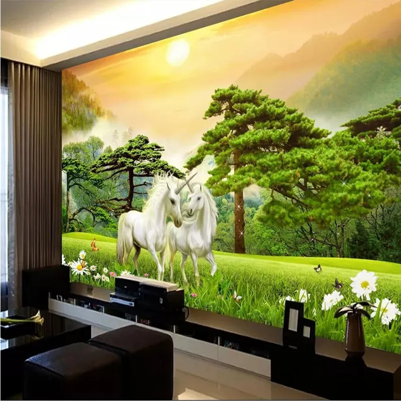 Custom white horse welcoming pine living room TV background wall manufacturers wholesale wallpaper murals custom photo wall Custom white horse welcoming pine living room TV background wall manufacturers wholesale wallpaper murals custom photo wall