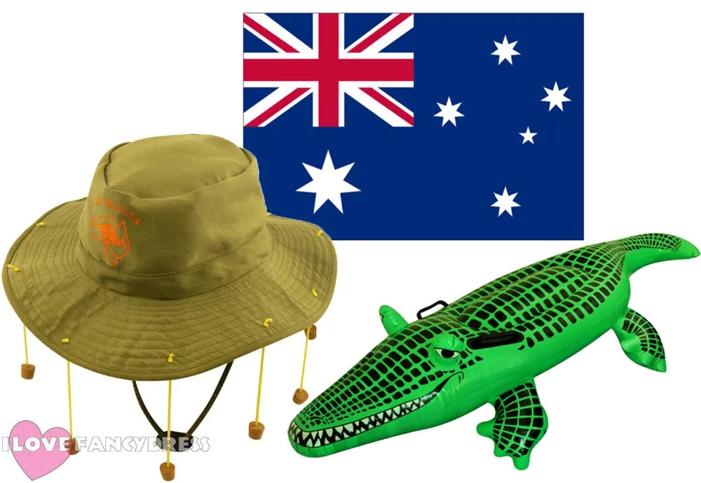 AUSTRALIA DAY FANCY DRESS SET LARGE AUSSIE FLAG AUSTRALIAN CORK HAT WITH KANGAROO PRINT INFLATABLE CROCODILE OZ COSTUME AUSSIE DUNDEE CORK HAT + AUSTRALIAN FLAG + INFLATABLE KANGAROO AUSTRALIA DAY FANCY DRESS SET LARGE AUSSIE FLAG AUSTRALIAN CORK HAT WITH KANGAROO PRINT INFLATABLE CROCODILE OZ COSTUME AUSSIE DUNDEE CORK HAT + AUSTRALIAN FLAG + INFLATABLE KANGAROO