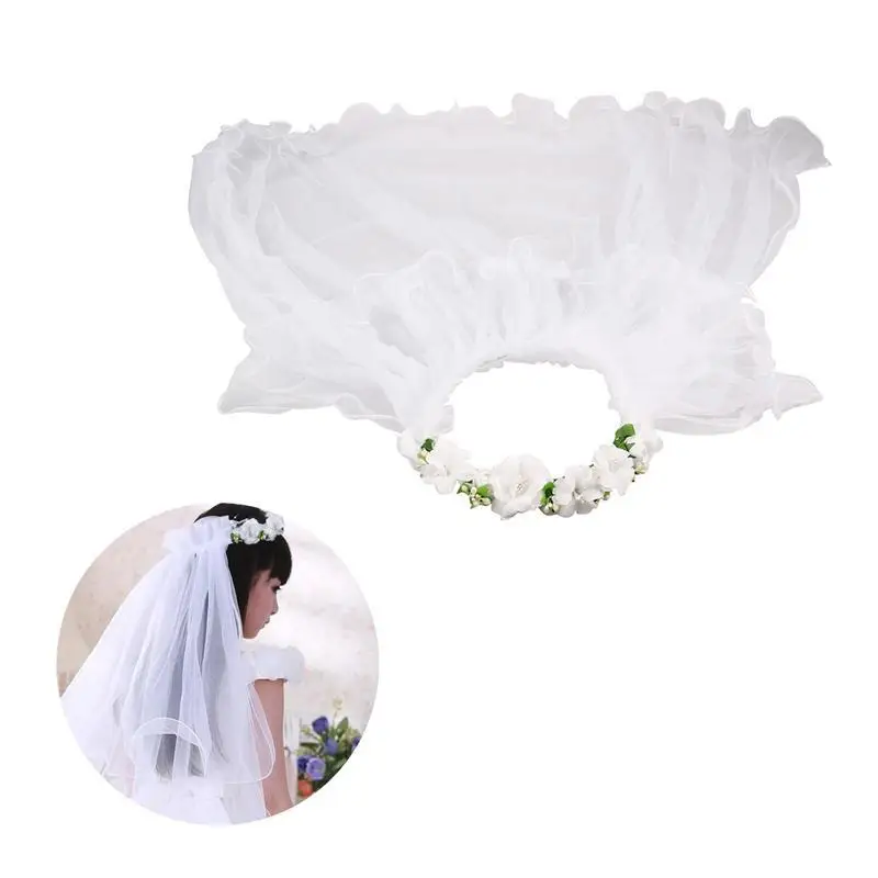 

Two Layers Flower White Girl Veils Wedding Communion Hair Wreath (White)