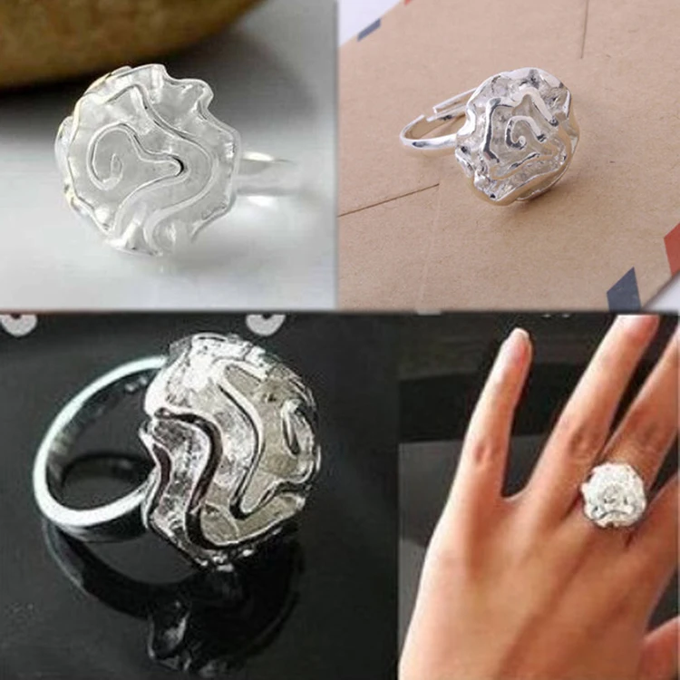 

Fashion Silver Color Rings 3d Rose Flower Open Ring Hollow Out Design Finger Ring Jewelry Valentine's Day Gif