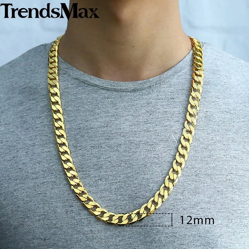 Trendsmax Jewelry Set Bracelet Necklace Men's Yellow Gold Filled Curb Cuban Link Chain 12mm KGS274