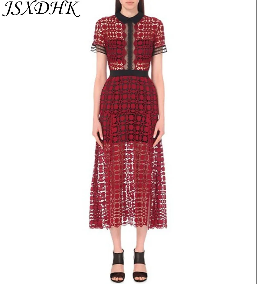 

JSXDHK Wine Red Water Soluble Lace Patchwork Runway Women Dress 2018 Self Portrait Short Sleeve Hollow Out Split Pocket Dresses