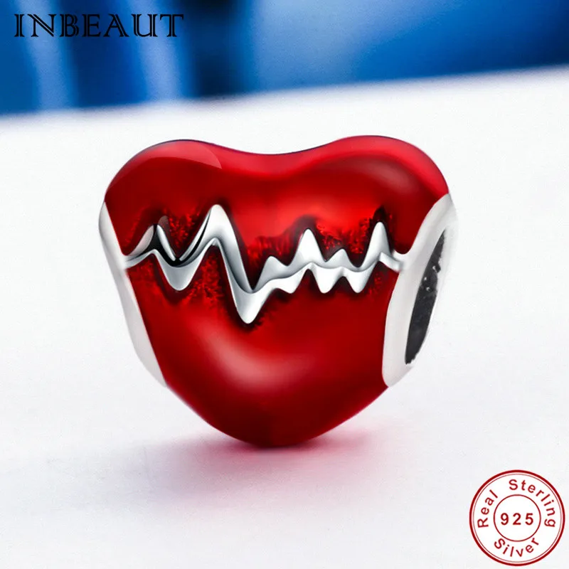 

New Wholesale Beads 925 Sterling Silver Red Enamel Romantic Love Touching Heart Electrocardiogram Charms fit Trendy Bracelet