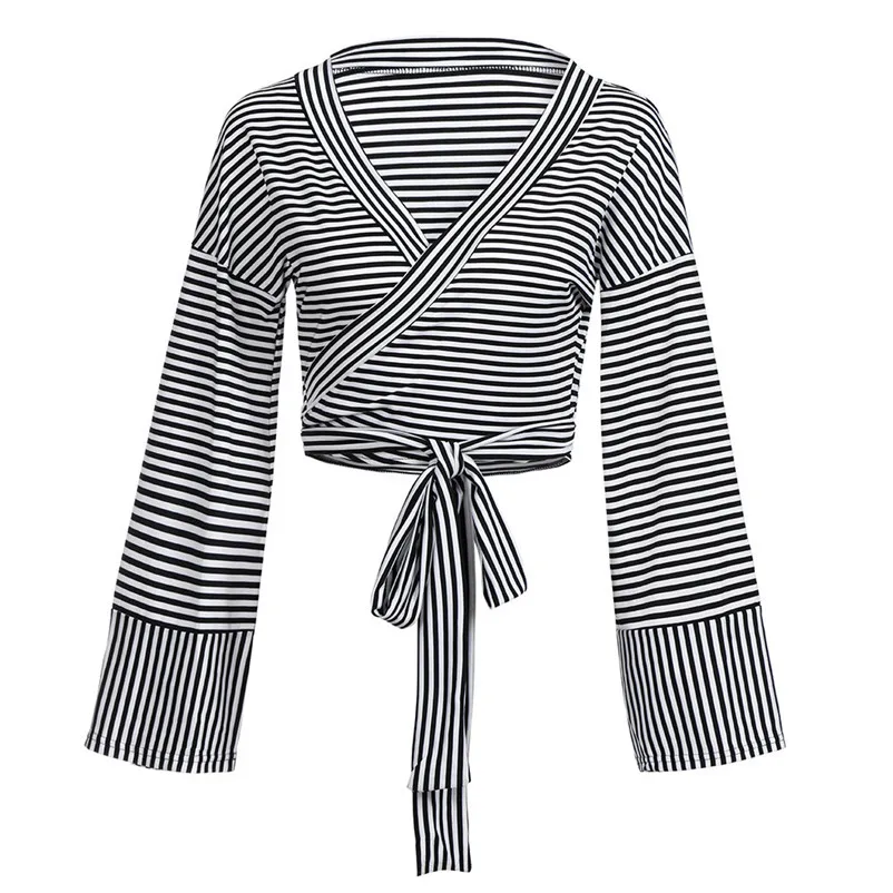 Fashion womens tops and blouses Autumn 2018 Casual Fashion Long Sleeve Striped V-Neck Bandage Blouse Shirt Tops de mujer S05#N (4)