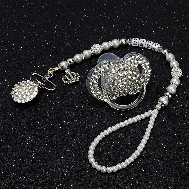 

2015 New Hand made Shiny rhinestone pacifier clip Crystal beads pacifier clips lovely dummy clip holder chain