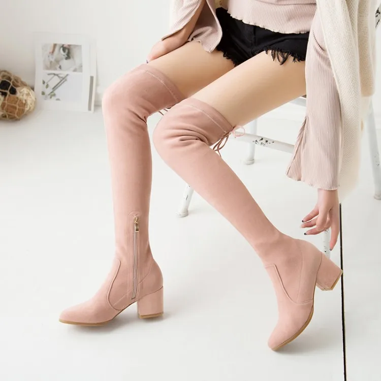 Femme Haute Tissu Mljuese 2019 Le black Femmes Pointu Genou Talon Rose Corée Sur Bout Bottes Couleur Pink Carré Stretch D'hiver 81qTwr8a