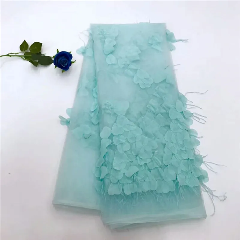 

HFX Best Selling 3d Applique Embroidered High Quality Dress Net Lace Aqua French Feather Tulle Lace Fabric For Wedding X1024-1