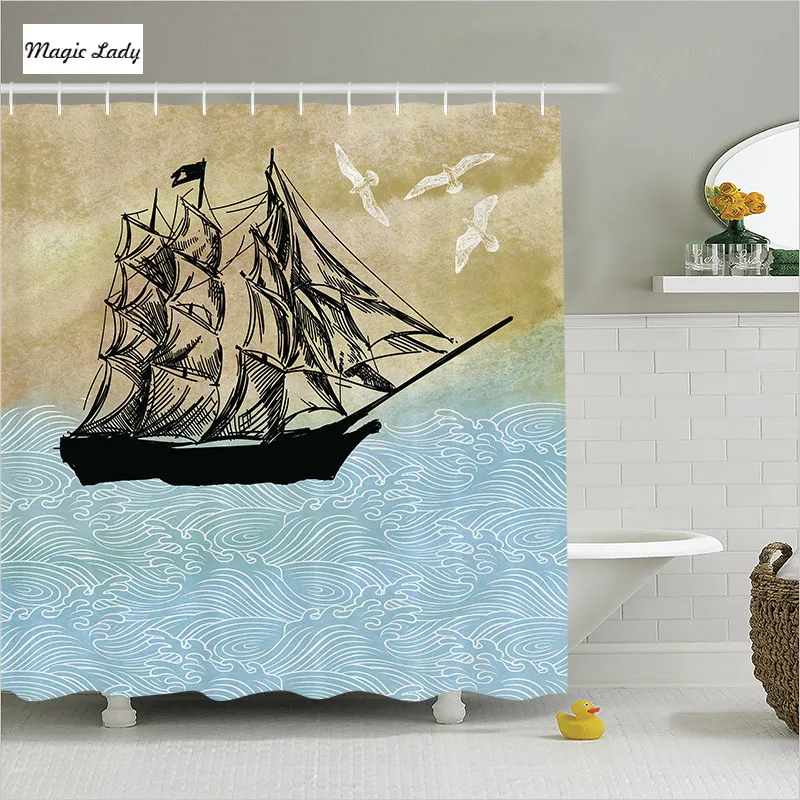 Shower Curtain Nautical Bathroom Accessories Ship Naval Sailing Ocean