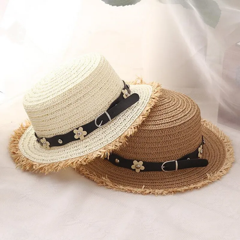 

Seioum Venta caliente + Flat top sombrero de paja Verano de viaje caps ocio perla Playa Sol sombreros M carta moda transpirable