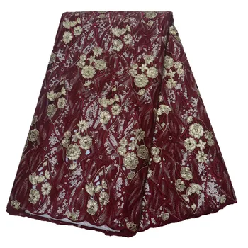 

HFX Glitter Sequins French Tulle African Fashion Style Lace Fabric Wine/Gold Latest Nigeria Wedding Organza Lace Fabric X1118-3