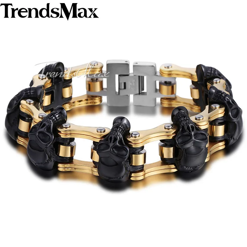 18mm Wide Boys Mens Chain 3 Skulls Link Silver Gold Black Tone Biker Motorcycle Link 316L