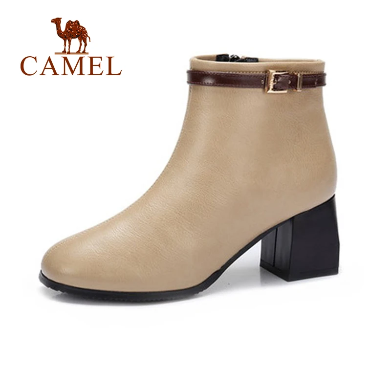 

CAMEL Women Sample Short Boots Shoes Winter Solid Basic Retro Elegant Style Think High Heel Boots Comfortable Shoe For Ladies