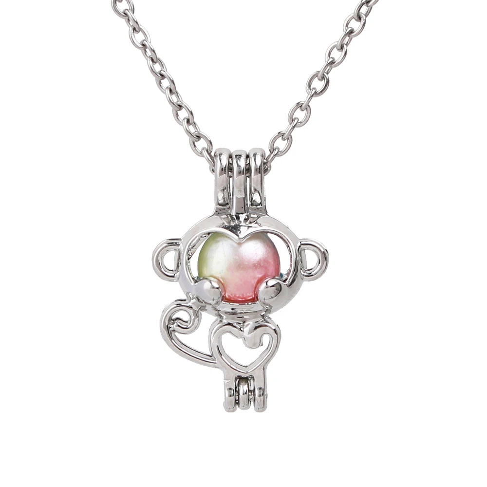 

1pc Cute Monkey Pearl Cage Necklace with 20'' Stainless Steel Chain for Oyster Pearls Essential Oil Lockets Diffuser