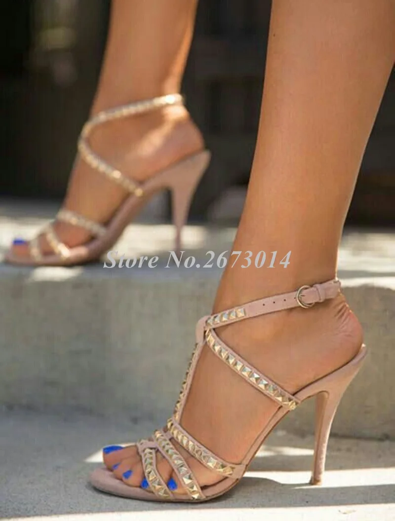 

Women Gladiator Sandals Peep Toe Thin Heels Shoe Suede Buckle Strap Sandals Women Rivet High Heels Sandals Pumps Wedding Shoe