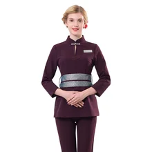 Высокое качество фиолетового цвета с рукавом «три четверти» униформа для сотрудниц спа-салонов Для женщин Ретро Slim Fit Красота салон Рабочая Костюмы отель Повседневная обувь
