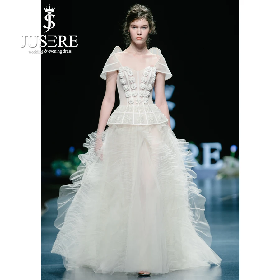 

JUSERE 2019 SS FASHION SHOW Ball Gown Ivory Wedding Dresses Off The Shoulder Beadeds Sweep Train Bridal Gowns vestido de noiva
