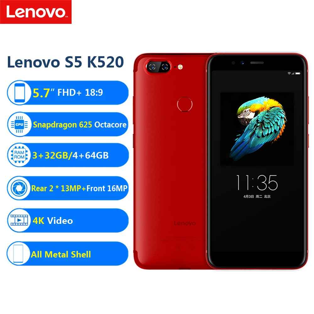 Lenovo S5 K520, 4 Гб ОЗУ, 64 Гб ПЗУ, Восьмиядерный мобильный телефон Snapdragon 625, 5,7 дюймов, двойная тыловая камера, 13 МП, фронтальная 16 МП, смартфон