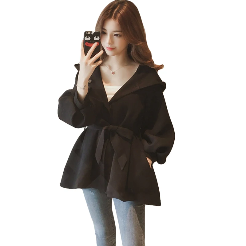 

2018 New Autumn Solid V-neck Loose Bow Hooded Lantern Sleeve Women Trench Coat With Belt Waist Elegant Female Outerwear CM2206