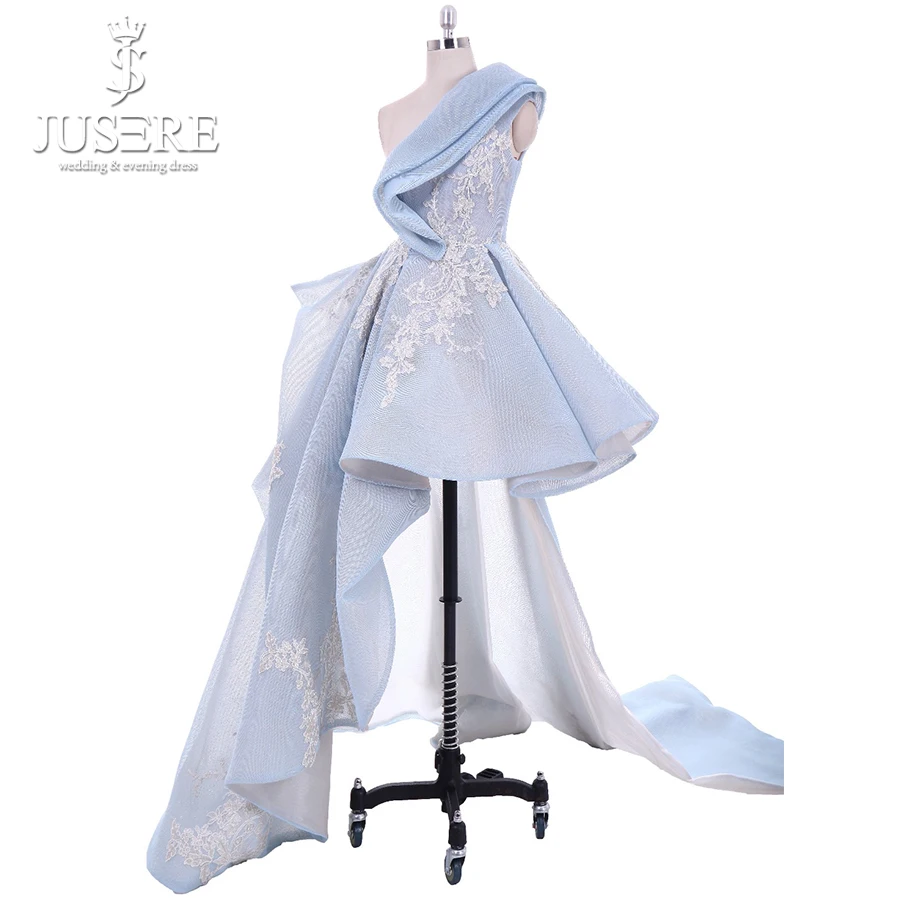 

2019 Jusere Sky Blue Short Formal Gowns One Shoulder Pleat Lace Appliques Short Evening Dress Unique Robe de soiree
