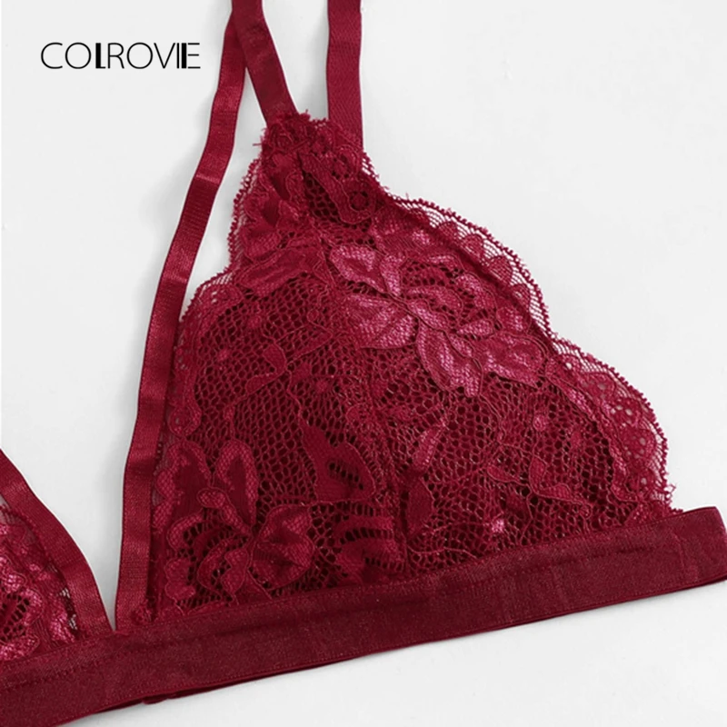 COLROVIE Burgundy Solid Sexy Floral Lace Lingerie Set 2018 New Women Bra & Brief Sets Wireless Sexy Underwear Bra Set