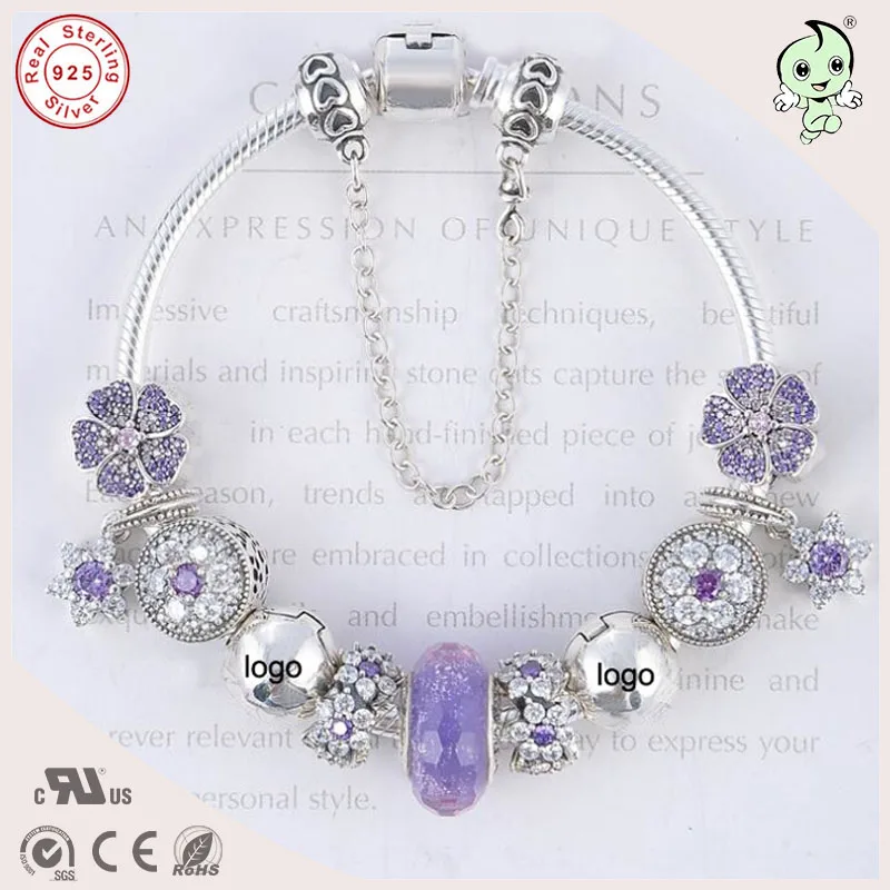 

High Quality Noble European Popular Purple Silver Flower Design Charms 925 Real Silver Bracelet For Ladies