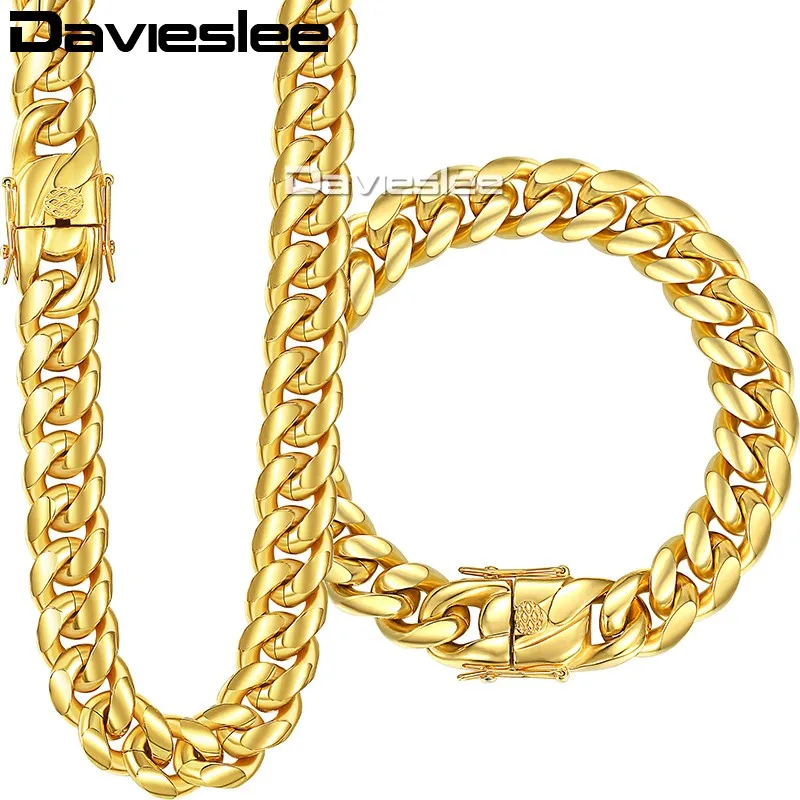 Davieslee Womens Mens Jewelry Set Miami Curb Cuban Link 316L Stainless Steel Gold Silver Color 8/12/14mm LHSM01 | Украшения и